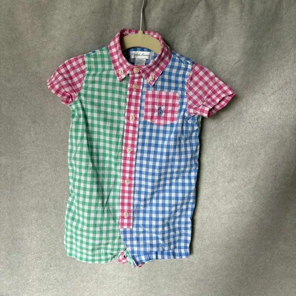 Ralph Lauren Gingham Cotton Poplin Fun Shortall Size 6M Baby Pastels Unisex